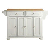A white kitchen island with multiple drawers and a warm wooden top, providing both functionality and style.